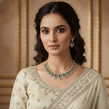 Classy and Chic Diamond Shaped Mehndi Polish AD Necklace Set