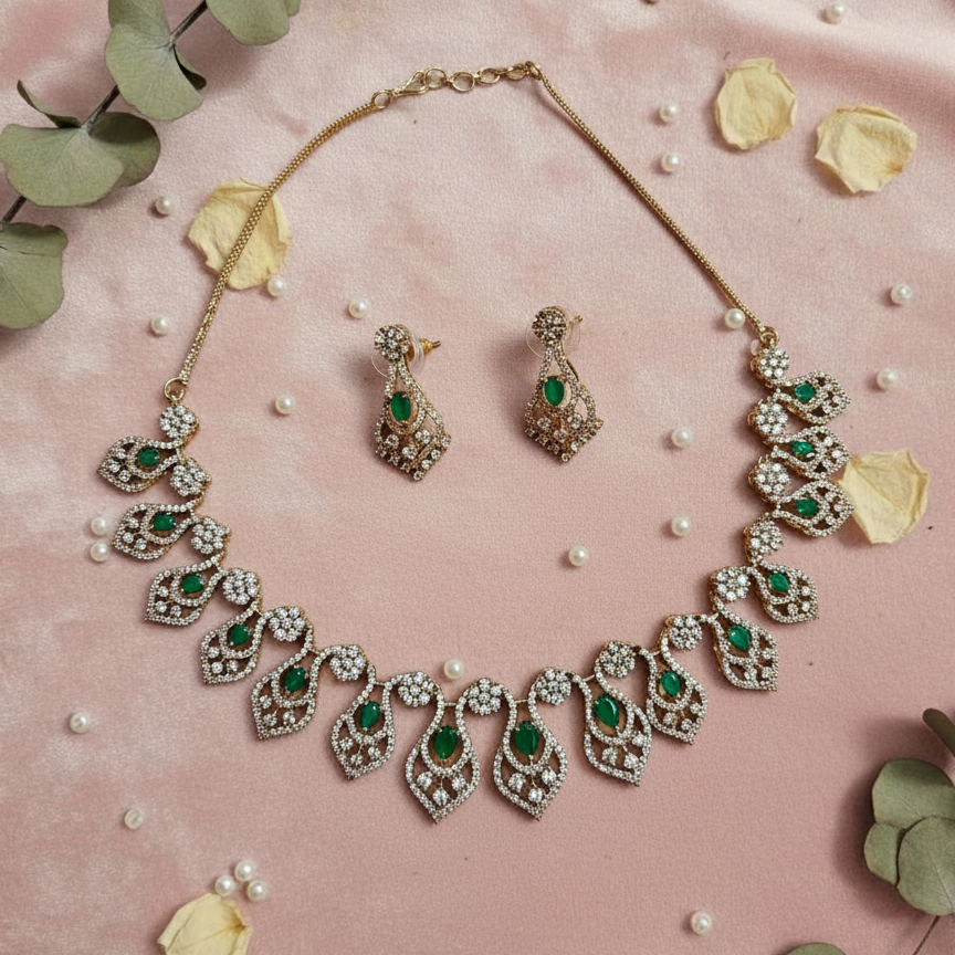 Classy and Chic Diamond Shaped Mehndi Polish AD Necklace Set