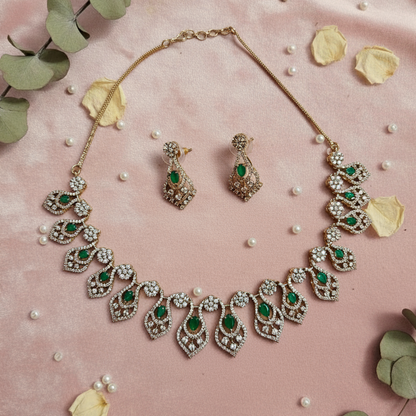 Classy and Chic Diamond Shaped Mehndi Polish AD Necklace Set