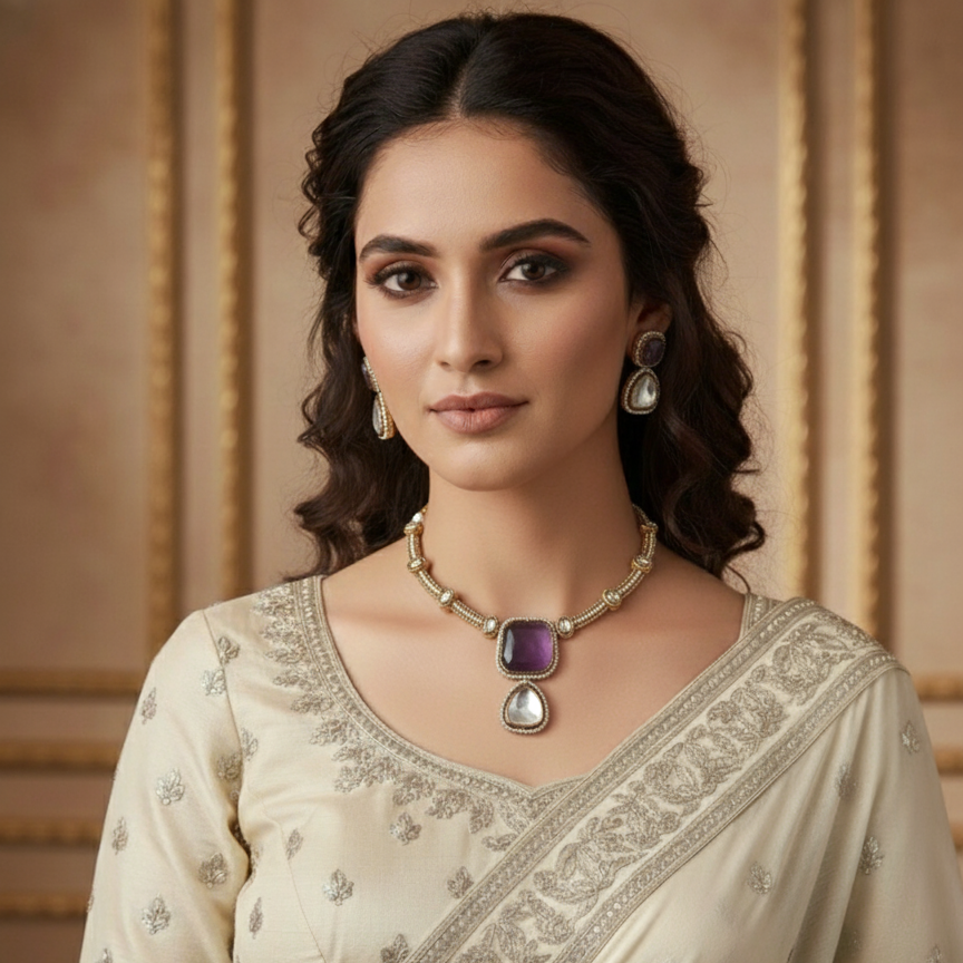 Classy Indira Iris Moissanite Kundan Beaded Necklace and Earrings