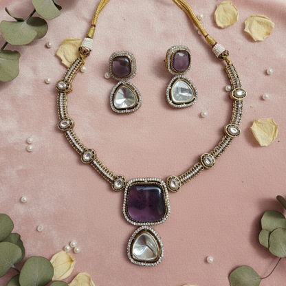 Classy Indira Iris Moissanite Kundan Beaded Necklace and Earrings