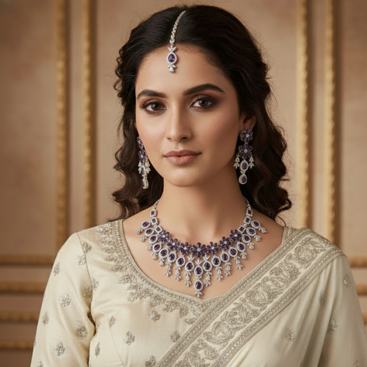 Amira Royal Traditional AD Moissanite Flower shaped Purple Necklace Set