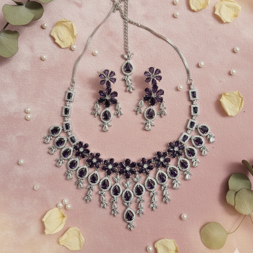Amira Royal Traditional AD Moissanite Flower shaped Purple Necklace Set