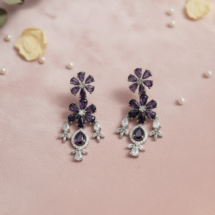 Amira Royal Traditional AD Moissanite Flower shaped Purple Necklace Set