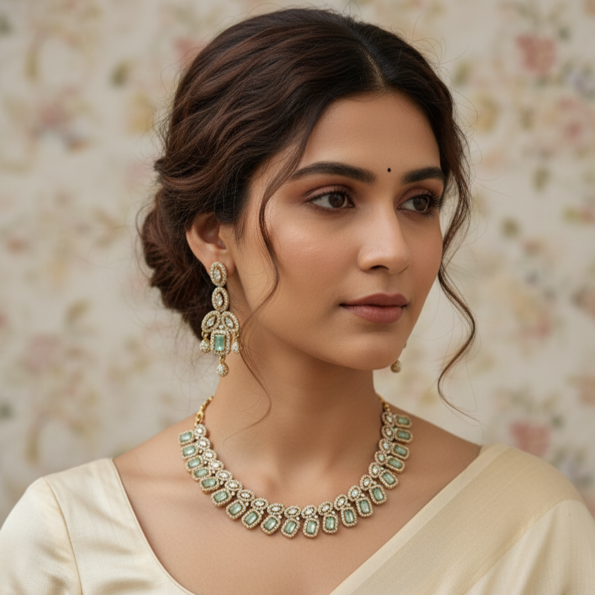 Leafy Moissanite AD Mint Studded designer Necklace Set