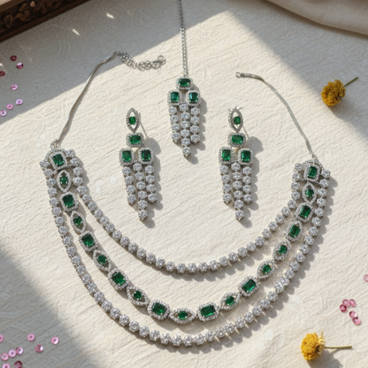 Anabia American Diamond Bridal Royal Three Layered Green Necklace and Mangtikka Set