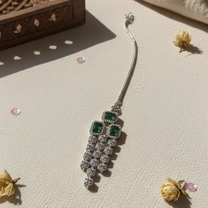 Anabia American Diamond Bridal Royal Three Layered Green Necklace and Mangtikka Set