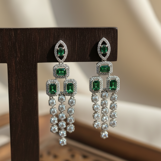 Anabia American Diamond Bridal Royal Three Layered Green Necklace and Mangtikka Set