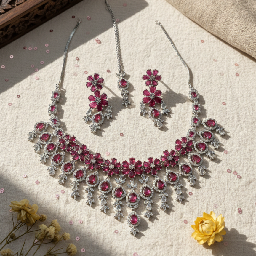Riya Designer Moissanite Royal Pink AD Flower Drop Necklace and Mangtikka Set
