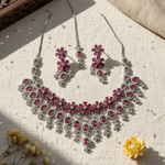 Riya Designer Moissanite Royal Pink AD Flower Drop Necklace and Mangtikka Set