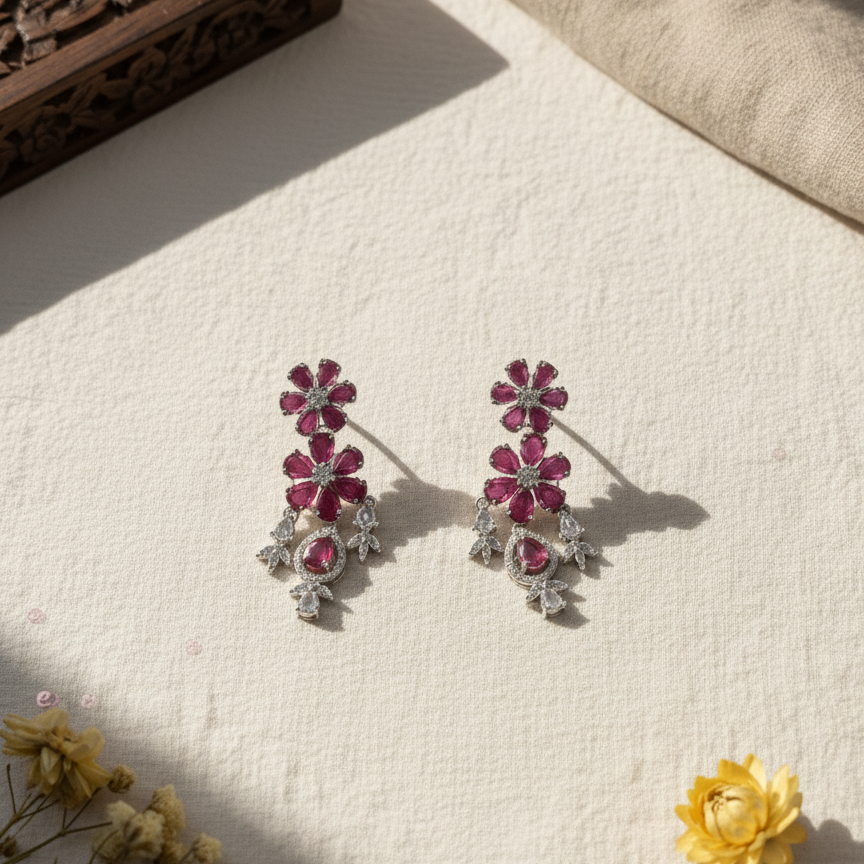 Riya Designer Moissanite Royal Pink AD Flower Drop Necklace and Mangtikka Set