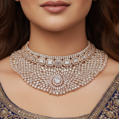 Yara Rose Gold Polish CZ Designer Necklace Set