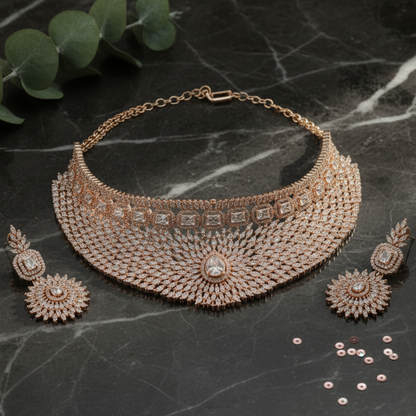 Yara Rose Gold Polish CZ Designer Necklace Set