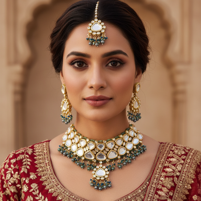 Traditional Heavy Bridal Kundan Grey Polki Drop Necklace and Mangtikka Set
