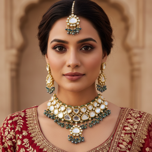 Traditional Heavy Bridal Kundan Grey Polki Drop Necklace and Mangtikka Set