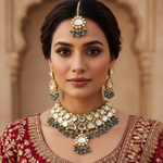 Traditional Heavy Bridal Kundan Grey Polki Drop Necklace and Mangtikka Set