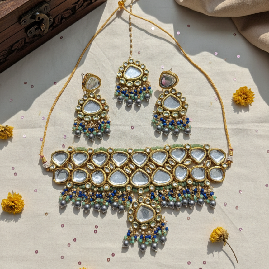 Traditional Heavy Bridal Kundan Grey Polki Drop Necklace and Mangtikka Set