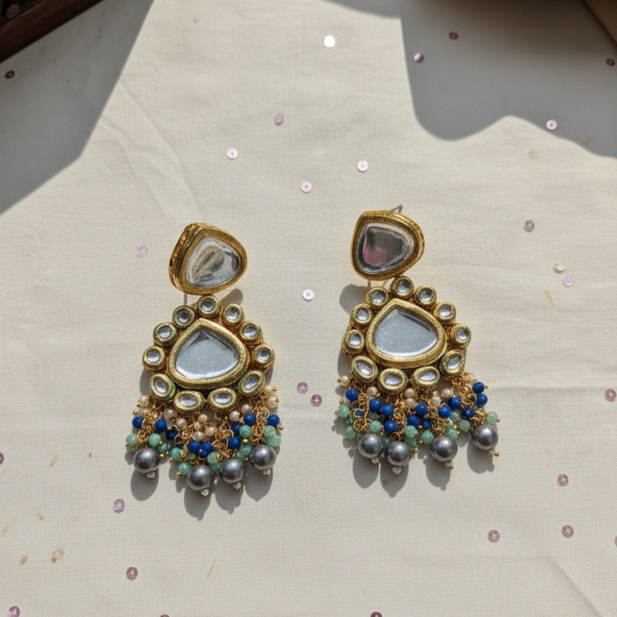 Traditional Heavy Bridal Kundan Grey Polki Drop Necklace and Mangtikka Set