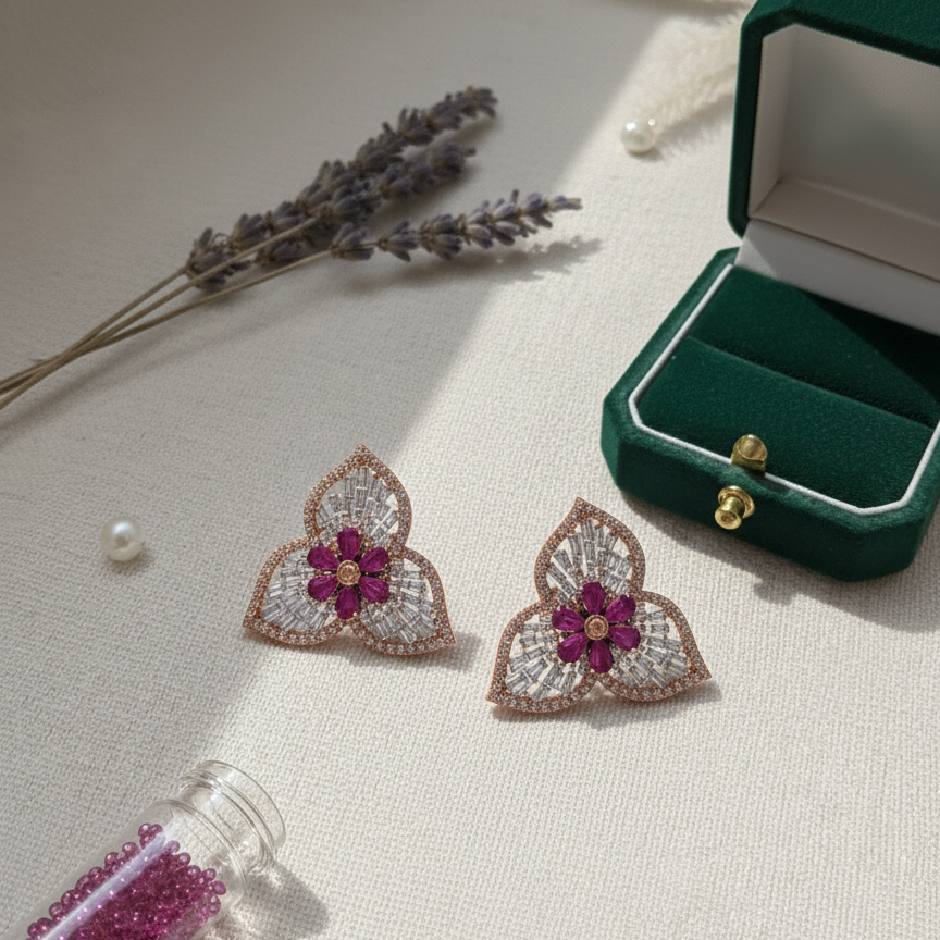 Kimaya Designer Minimal Purple Flower Earrings Stud