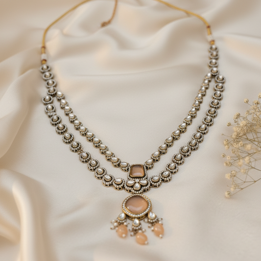 Kiran Kundan Coral Moissanite Bridal Layered Necklace With Mangtikka Set