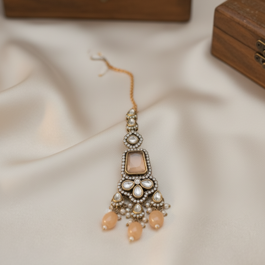 Kiran Kundan Coral Moissanite Bridal Layered Necklace With Mangtikka Set