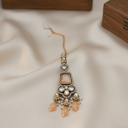 Kiran Kundan Coral Moissanite Bridal Layered Necklace With Mangtikka Set