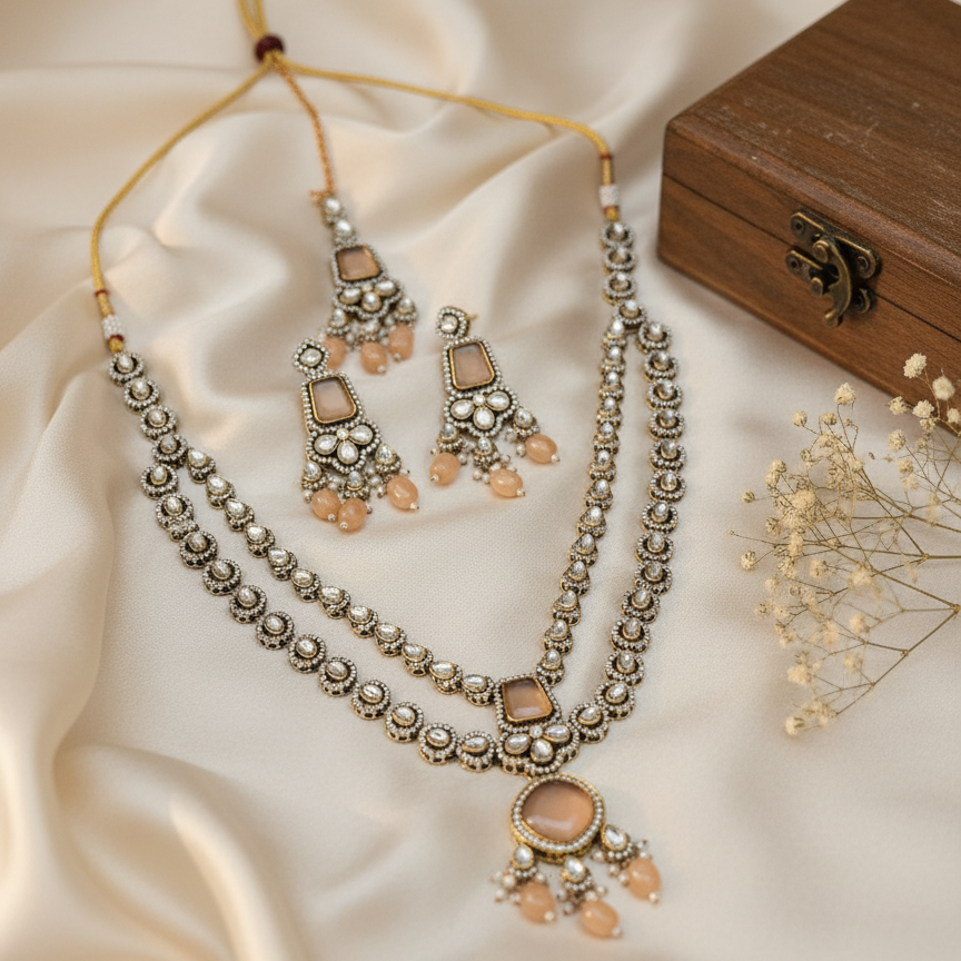 Kiran Kundan Coral Moissanite Bridal Layered Necklace With Mangtikka Set