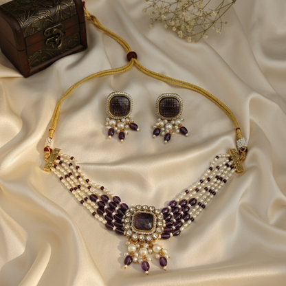 Sukhi Royal Kundan Moissanite White Beaded Necklace Set with Dori