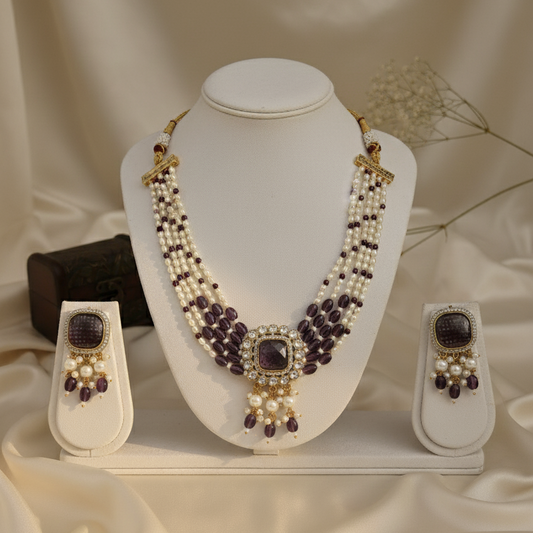 Sukhi Royal Kundan Moissanite White Beaded Necklace Set with Dori