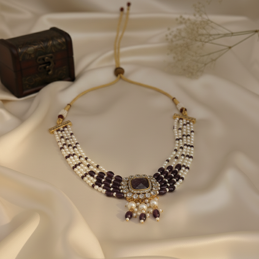 Sukhi Royal Kundan Moissanite White Beaded Necklace Set with Dori