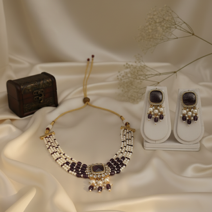 Sukhi Royal Kundan Moissanite White Beaded Necklace Set with Dori