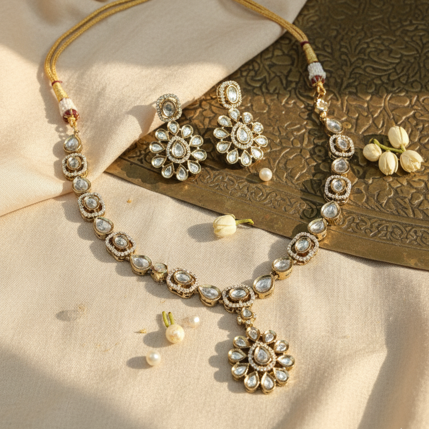 Elegant Kundan Moissanite Floral Subtle Long Necklace and Earrings Set