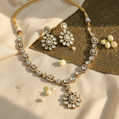 Elegant Kundan Moissanite Floral Subtle Long Necklace and Earrings Set