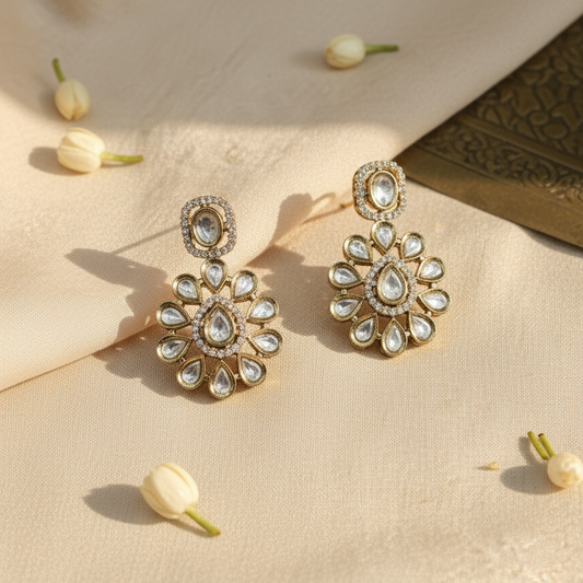 Elegant Kundan Moissanite Floral Subtle Long Necklace and Earrings Set