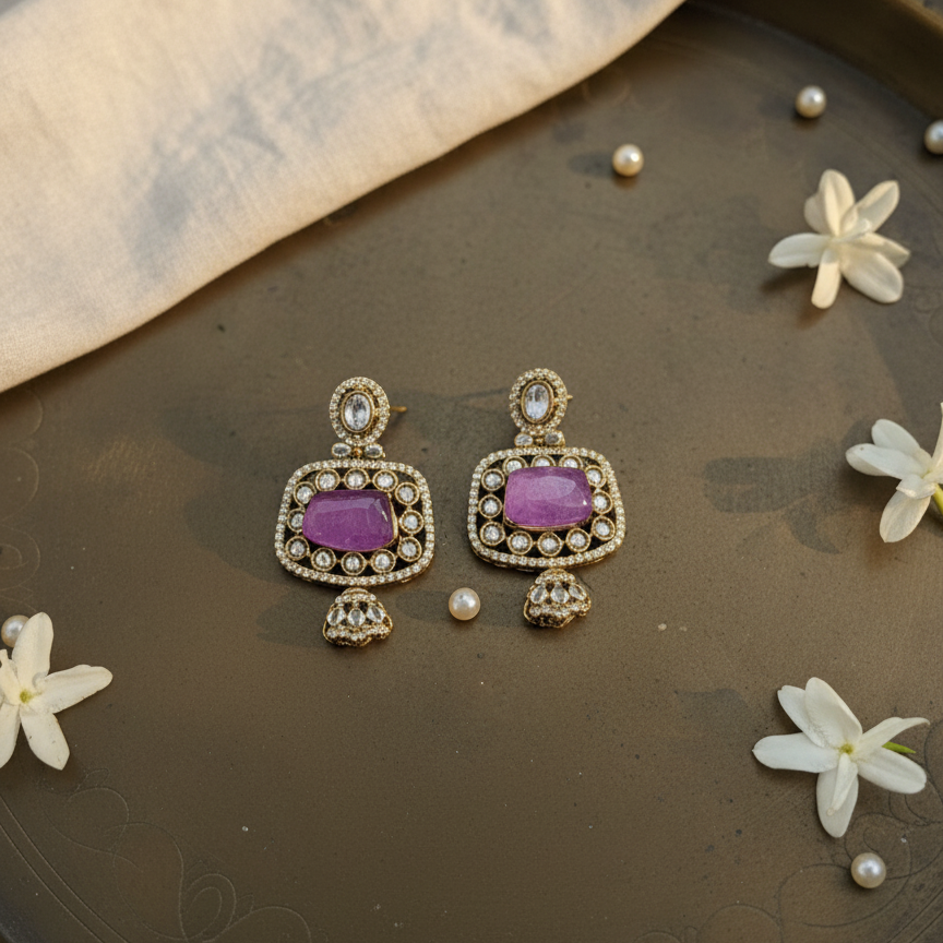 Kirana Royal Designer Gold Plated Purple Pendent Necklace Earrings Set