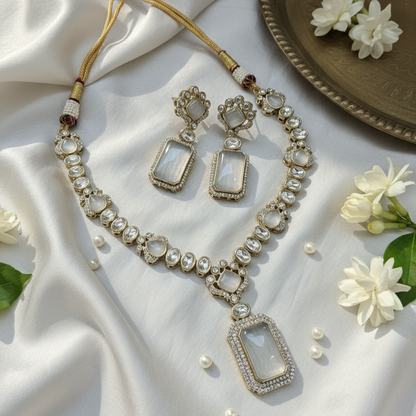 Mohini Kundan Moissanite Royal Long Pendent Necklace and Earrings Set