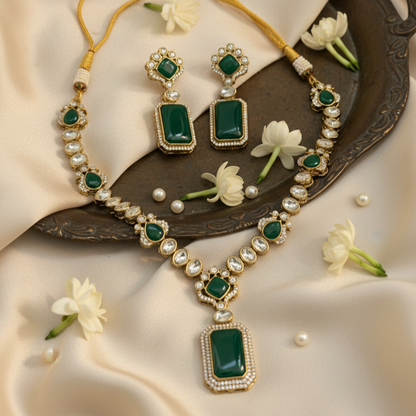 Mohini Kundan Moissanite Royal Long Pendent Necklace and Earrings Set