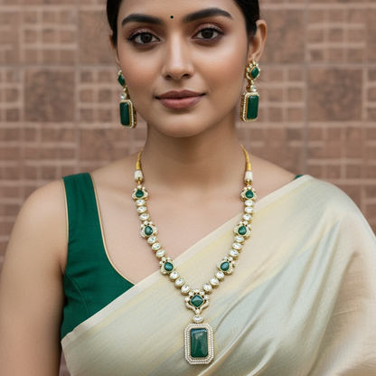 Mohini Kundan Moissanite Royal Long Pendent Necklace and Earrings Set