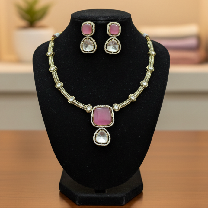 Classy Indira Iris Moissanite Kundan Beaded Necklace and Earrings