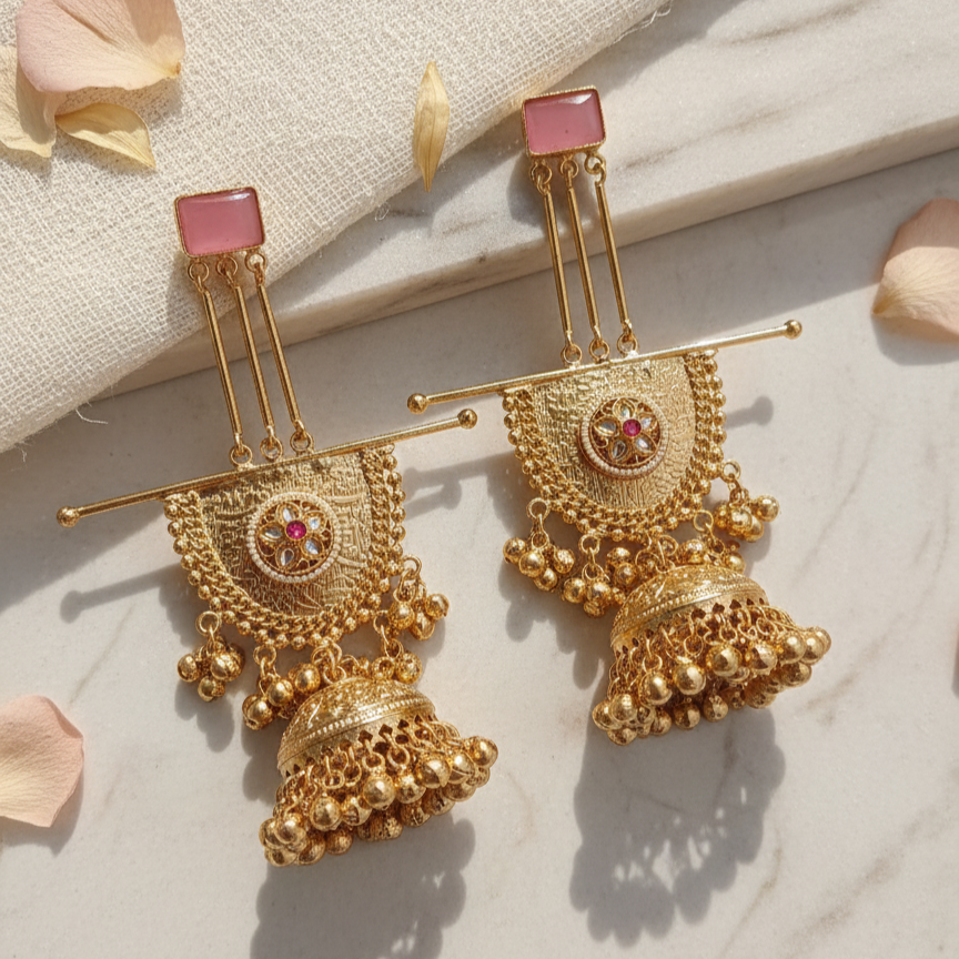 Kashmiri Shabnam Gold Plated Ghungroo Royal Jhumka Earrings