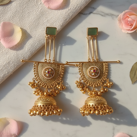 Kashmiri Shabnam Gold Plated Ghungroo Royal Jhumka Earrings