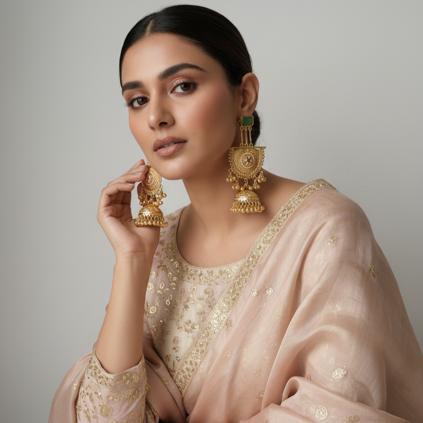 Kashmiri Shabnam Gold Plated Ghungroo Royal Jhumka Earrings