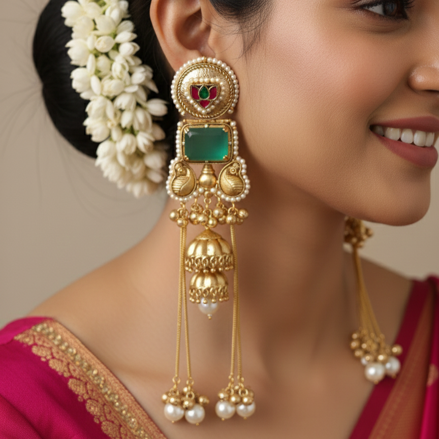 Kashmiri Royal Moissanite Meena Jhumka Ghungroo Earrings with Pearl Drops
