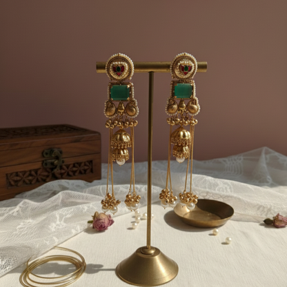 Kashmiri Royal Moissanite Meena Jhumka Ghungroo Earrings with Pearl Drops