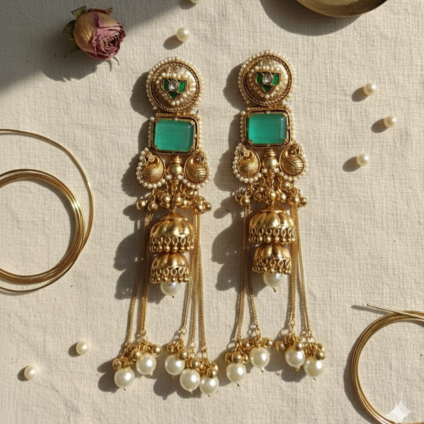 Kashmiri Royal Moissanite Meena Jhumka Ghungroo Earrings with Pearl Drops