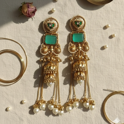 Kashmiri Royal Moissanite Meena Jhumka Ghungroo Earrings with Pearl Drops