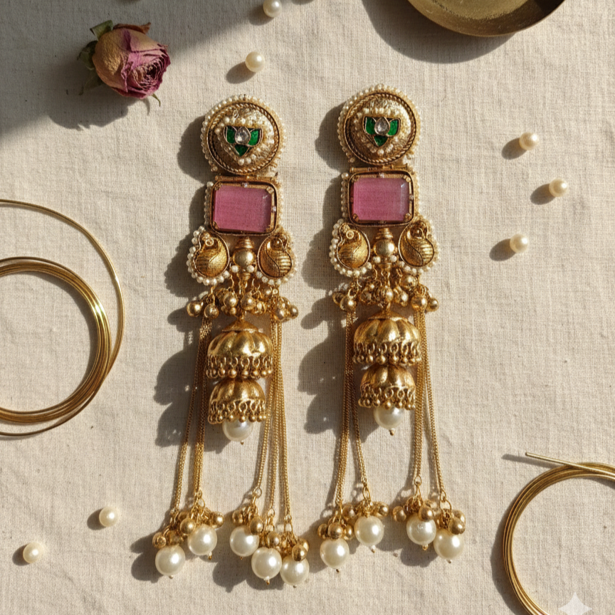 Kashmiri Royal Moissanite Meena Jhumka Ghungroo Earrings with Pearl Drops