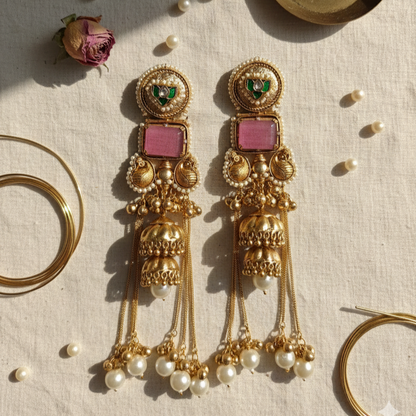 Kashmiri Royal Moissanite Meena Jhumka Ghungroo Earrings with Pearl Drops