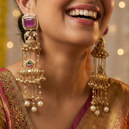 Kashmiri Royal Dholna Moissanite Jhumka Ghungroo Earrings with Pearl Drops