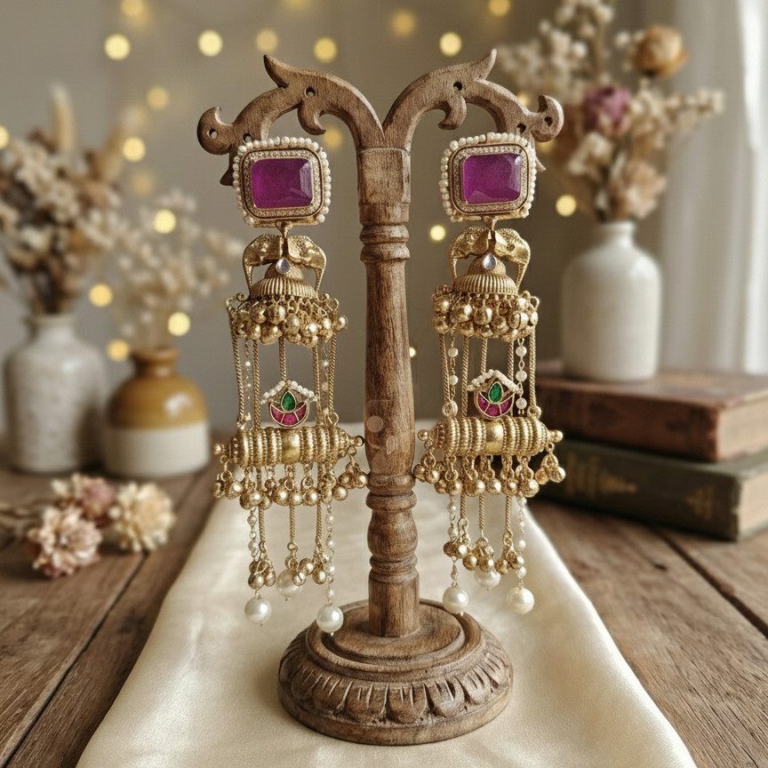Kashmiri Royal Dholna Moissanite Jhumka Ghungroo Earrings with Pearl Drops